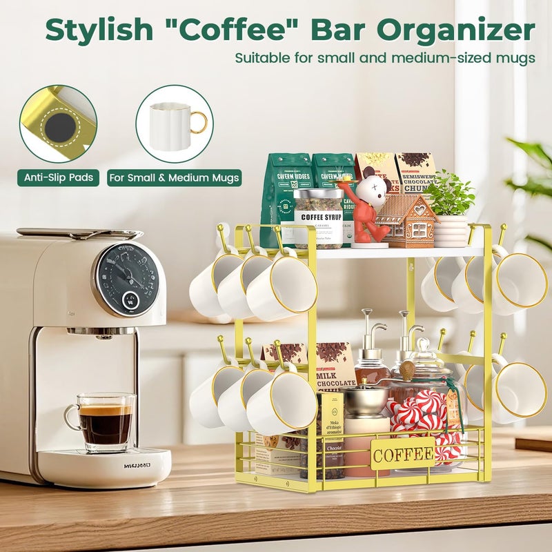 EsLuker.ly Coffee Mug Cup Holder Tree Bar Station Organizer, 2 Tier Mug Stand Rack for Countertop Kitchen, Storage Tower Display Shelf with 12 Hooks, Coffee Nook Enhancer, White-Gold - Image 5